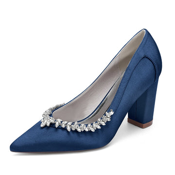 Women's Wedding Shoes Block Heel Pointed Toe Simple Bridal Shoes with Rhinestones