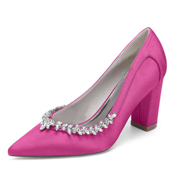 Women's Wedding Shoes Block Heel Pointed Toe Simple Bridal Shoes with Rhinestones