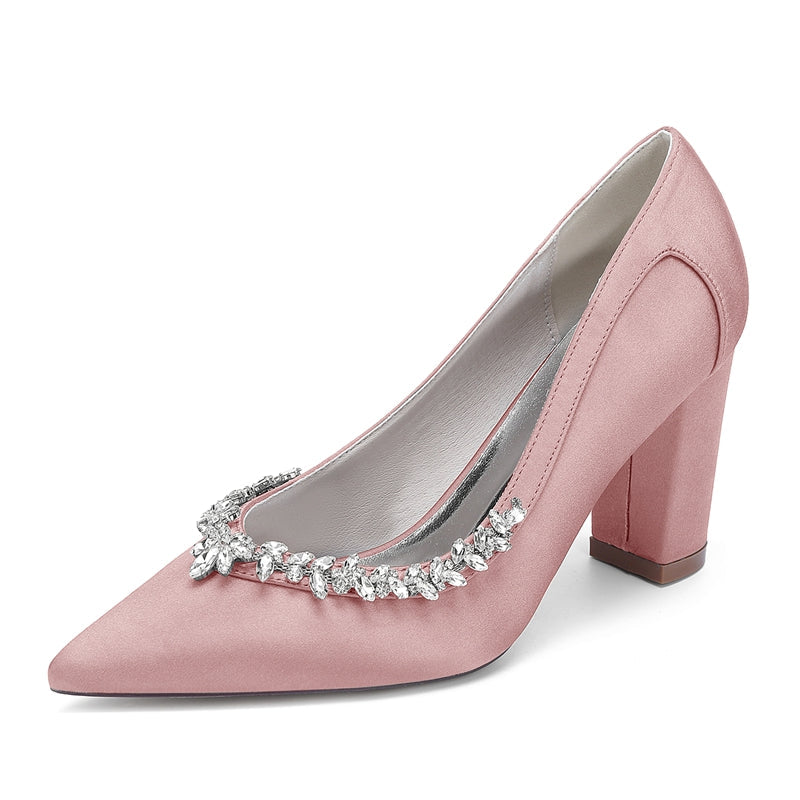 Women's Wedding Shoes Block Heel Pointed Toe Simple Bridal Shoes with Rhinestones