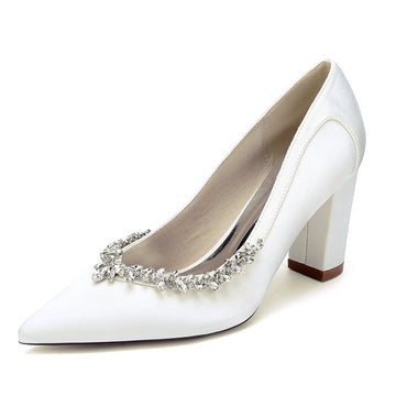 Women's Wedding Shoes Block Heel Pointed Toe Simple Bridal Shoes with Rhinestones