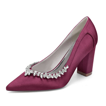 Women's Wedding Shoes Block Heel Pointed Toe Simple Bridal Shoes with Rhinestones