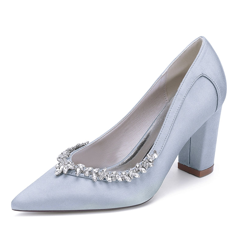 Women's Wedding Shoes Block Heel Pointed Toe Simple Bridal Shoes with Rhinestones