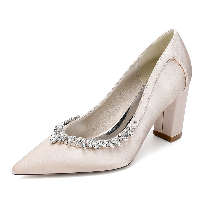 Women's Wedding Shoes Block Heel Pointed Toe Simple Bridal Shoes with Rhinestones
