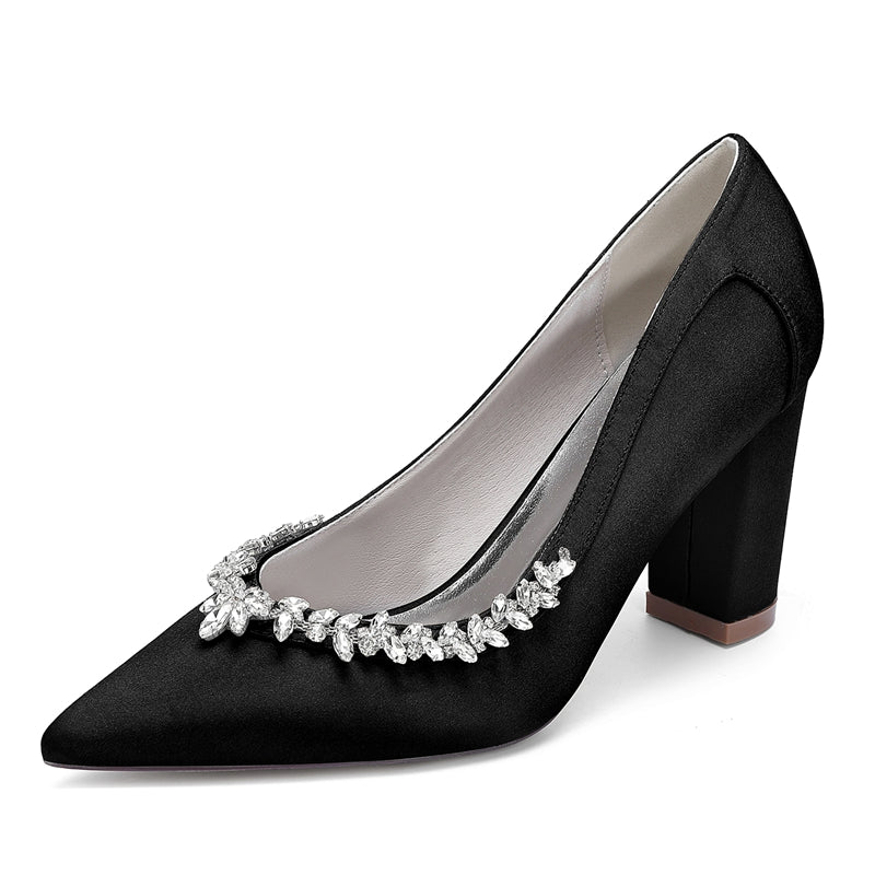 Women's Wedding Shoes Block Heel Pointed Toe Simple Bridal Shoes with Rhinestones