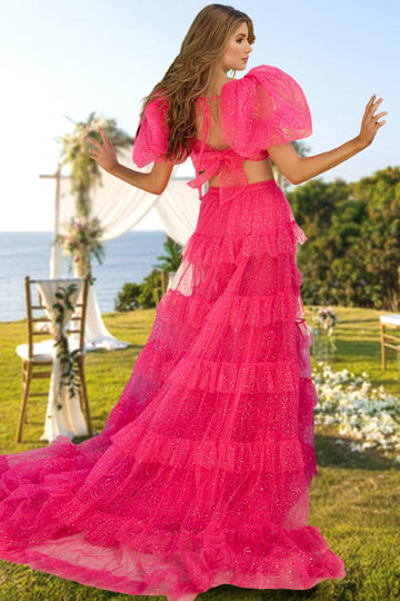 A-Line/Princess Long Prom Dresses Tulle Square Neck Short Sleeves Floor-length Two-Pieces With Sequins&Side Split