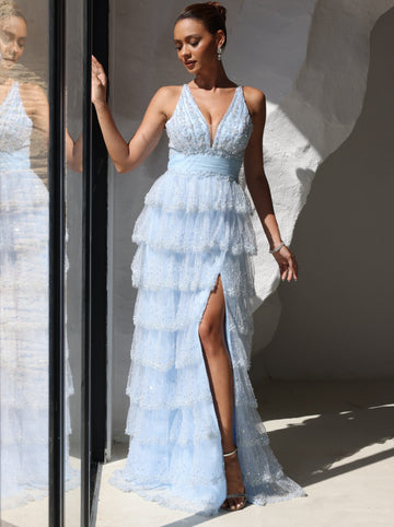 A-Line/Princess Prom Dress Short Sleeves V Neck Sequins Tulle Layered Formal Gowns Long Dresses With Split Side