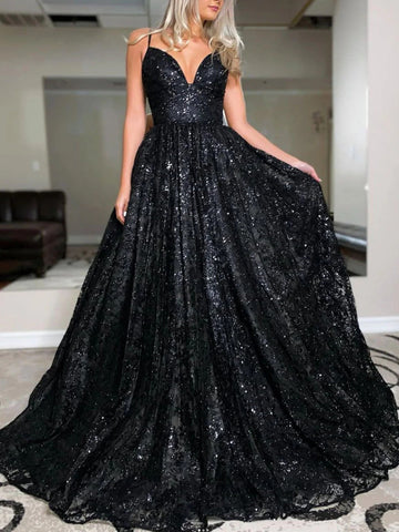 A-Line/Princess Black Prom Dress Sequin V-neck Sweep/Brush Train Long Prom Dresses