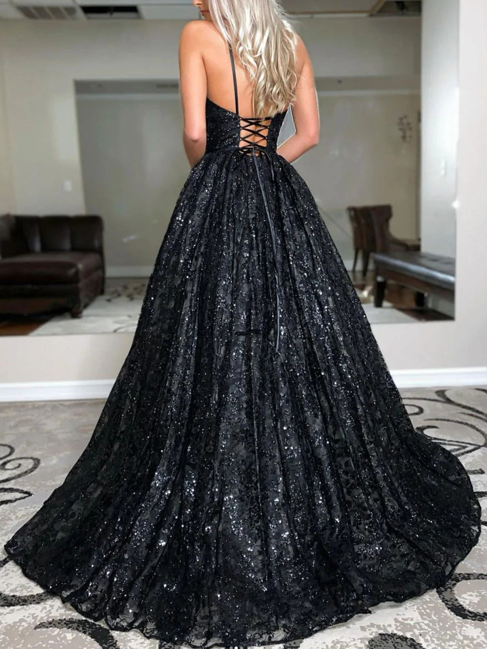 A-Line/Princess Black Prom Dress Sequin V-neck Sweep/Brush Train Long Prom Dresses