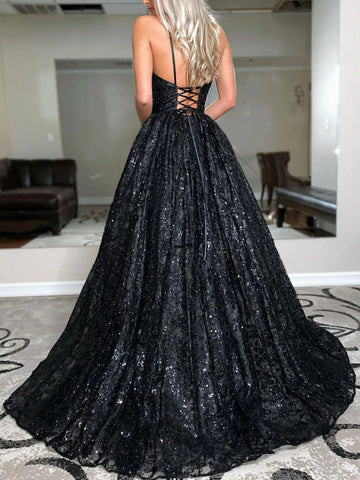 A-Line/Princess Black Prom Dress Sequin V-neck Sweep/Brush Train Long Prom Dresses