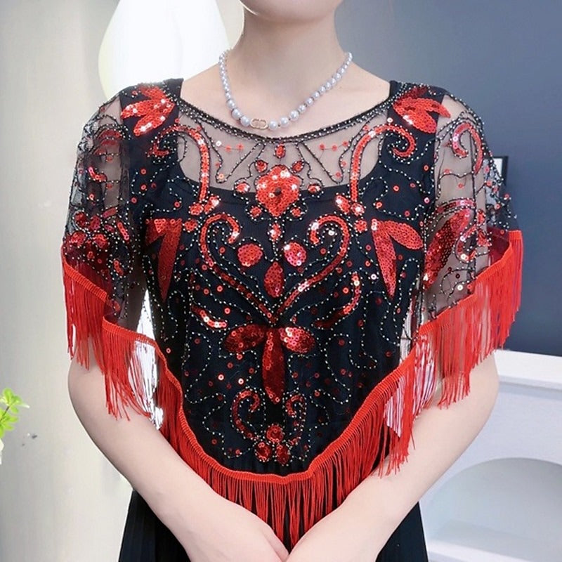 Women's Elegant Wrap Vintage Sleeveless Sequins Appliqued Wraps with Fringe