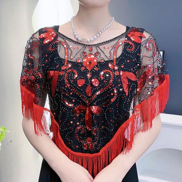 Women's Elegant Wrap Vintage Sleeveless Sequins Appliqued Wraps with Fringe
