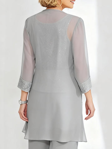 Chiffon 3/4 Sleeves Jacket Sequins Wraps Pure Color