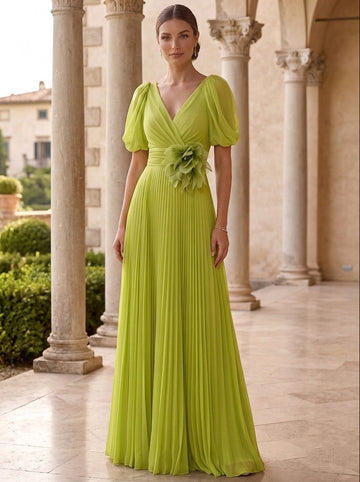 A-Line/Princess Chiffon Evening Dresses with Feather V-Neck Short Sleeves Formal Pleated Dress