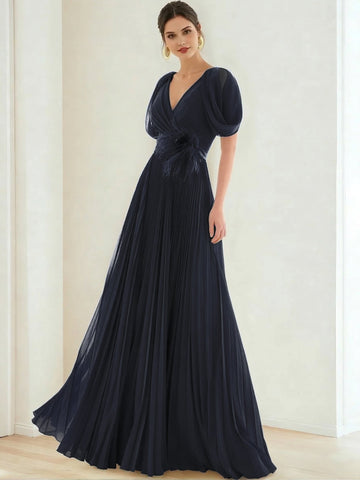 A-Line/Princess Chiffon Evening Dresses with Feather V-Neck Short Sleeves Formal Pleated Dress