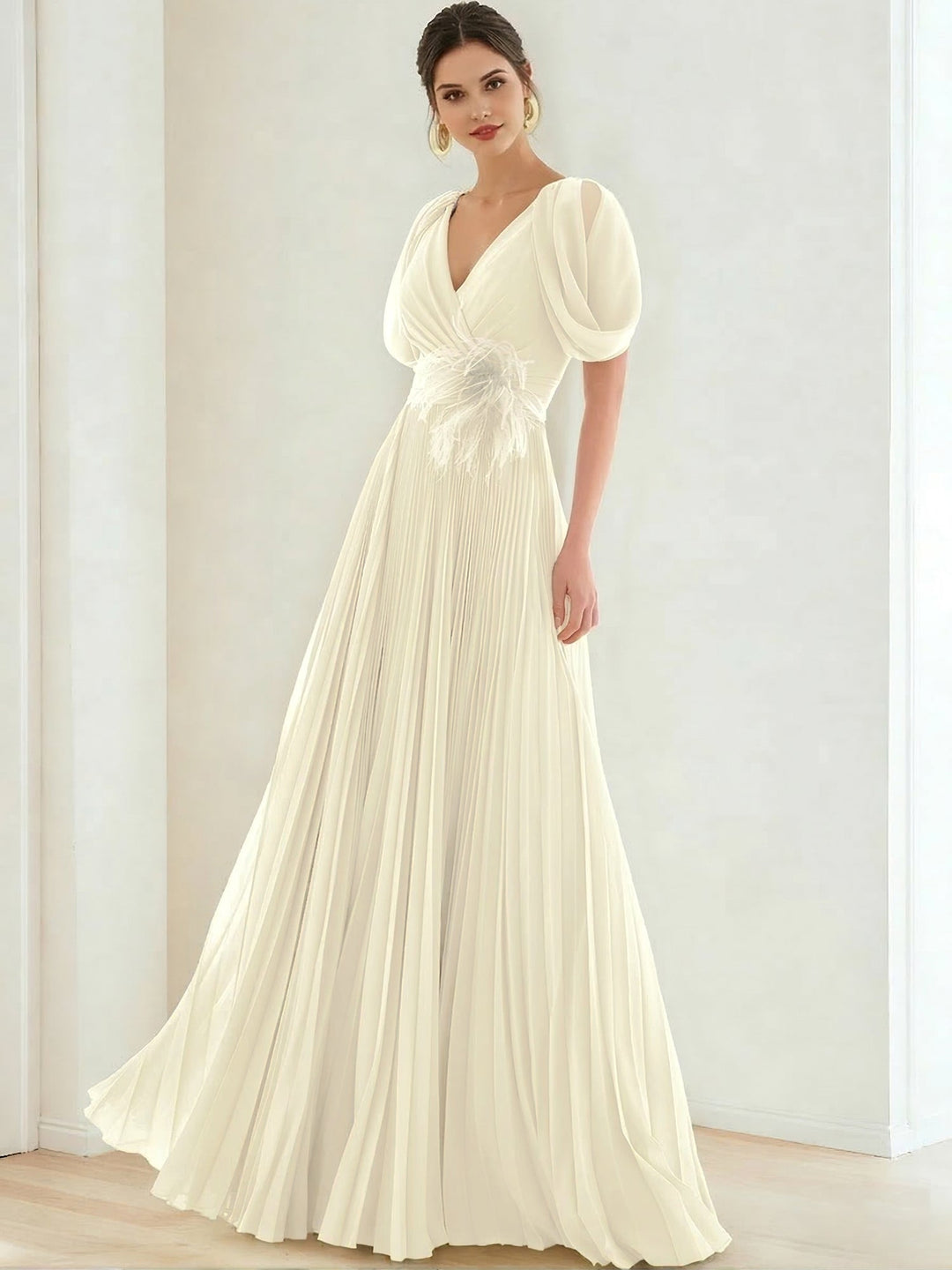 A-Line/Princess Chiffon Evening Dresses with Feather V-Neck Short Sleeves Formal Pleated Dress