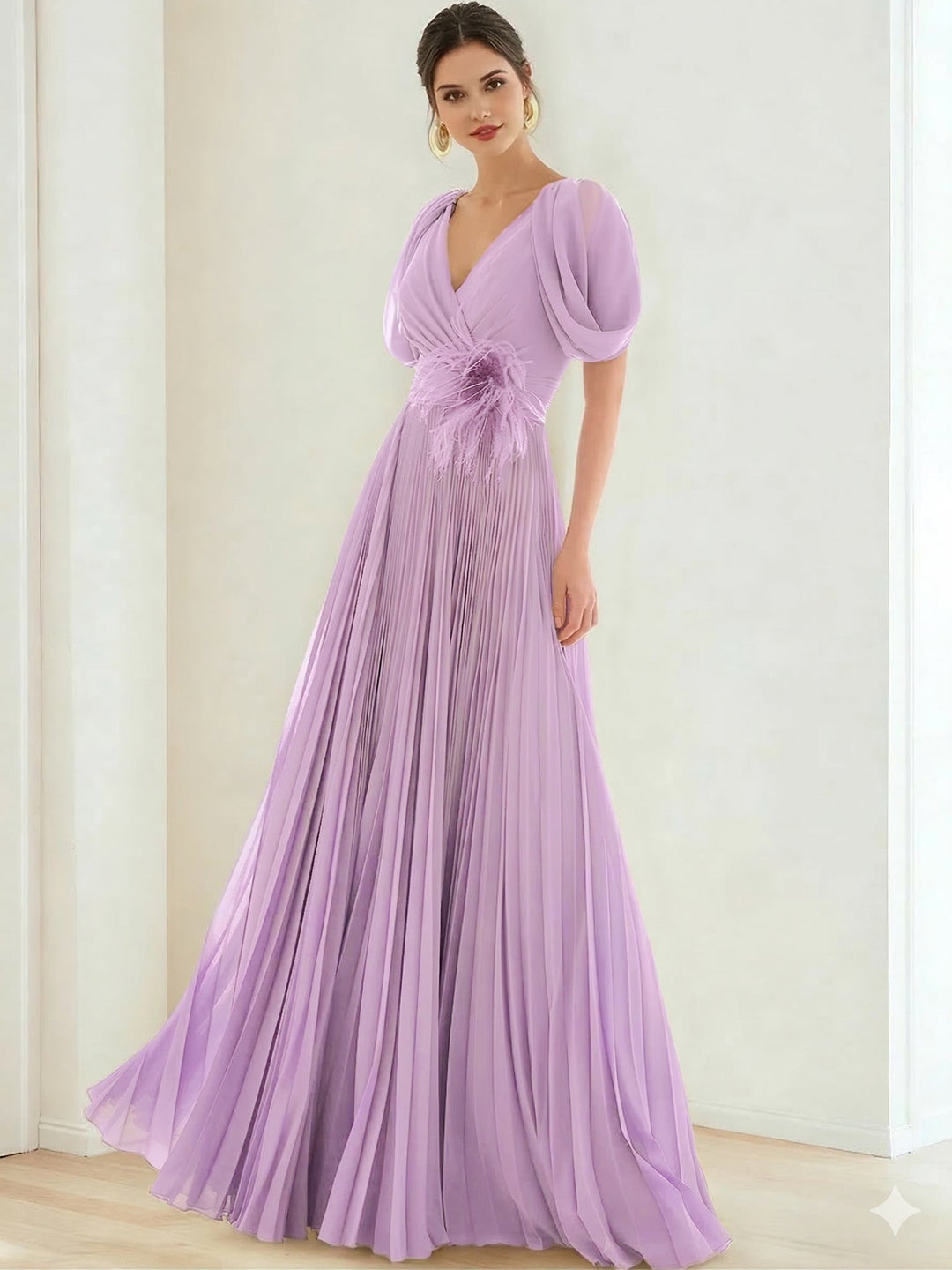 A-Line/Princess Chiffon Evening Dresses with Feather V-Neck Short Sleeves Formal Pleated Dress