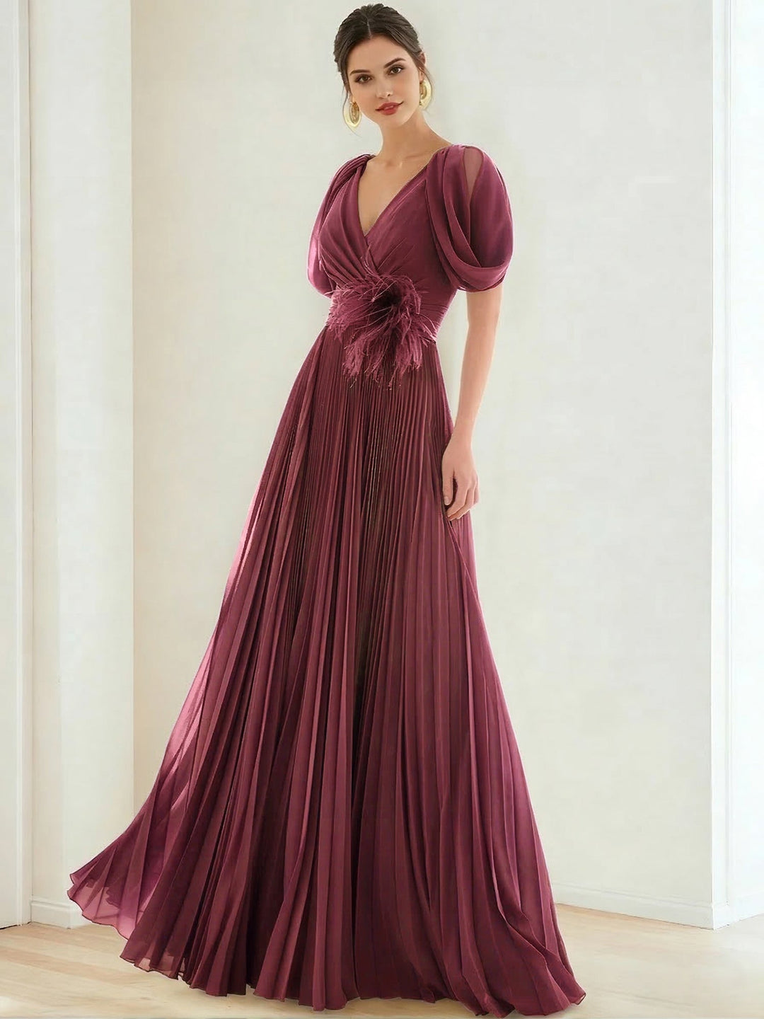 A-Line/Princess Chiffon Evening Dresses with Feather V-Neck Short Sleeves Formal Pleated Dress