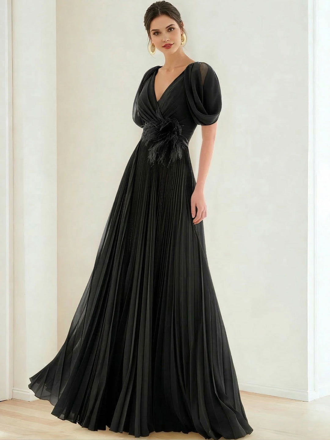 A-Line/Princess Chiffon Evening Dresses with Feather V-Neck Short Sleeves Formal Pleated Dress