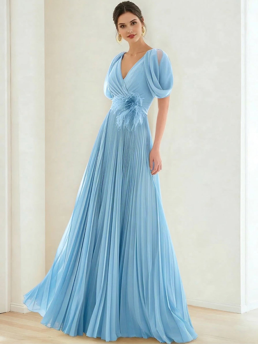 A-Line/Princess Chiffon Evening Dresses with Feather V-Neck Short Sleeves Formal Pleated Dress