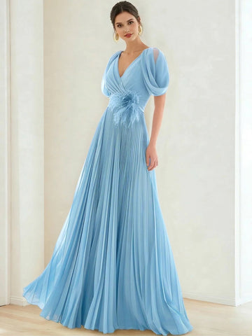 A-Line/Princess Chiffon Evening Dresses with Feather V-Neck Short Sleeves Formal Pleated Dress