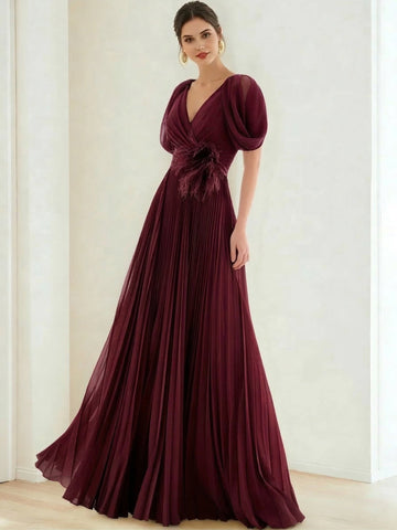 A-Line/Princess Chiffon Evening Dresses with Feather V-Neck Short Sleeves Formal Pleated Dress