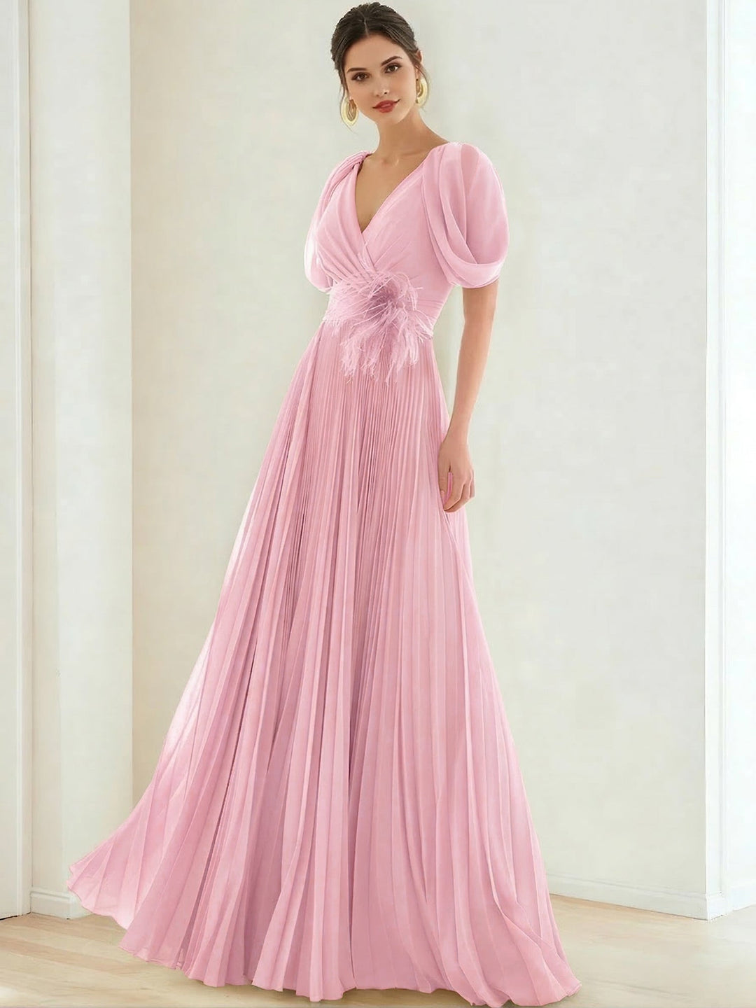 A-Line/Princess Chiffon Evening Dresses with Feather V-Neck Short Sleeves Formal Pleated Dress