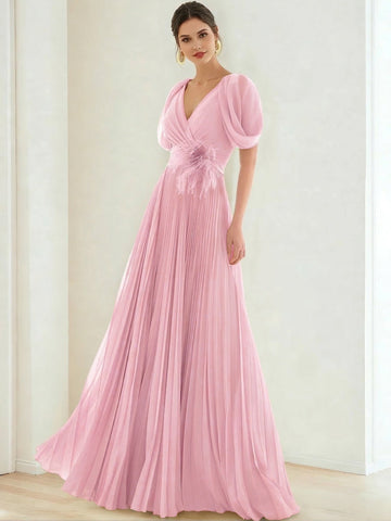 A-Line/Princess Chiffon Evening Dresses with Feather V-Neck Short Sleeves Formal Pleated Dress
