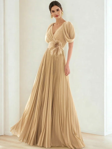 A-Line/Princess Chiffon Evening Dresses with Feather V-Neck Short Sleeves Formal Pleated Dress