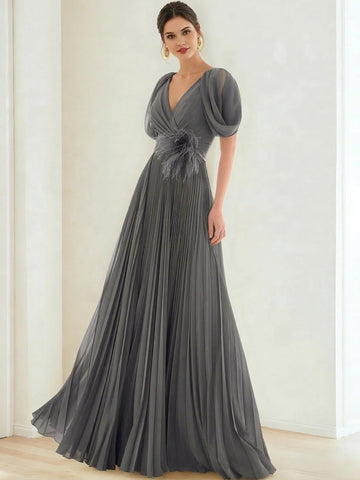 A-Line/Princess Chiffon Evening Dresses with Feather V-Neck Short Sleeves Formal Pleated Dress