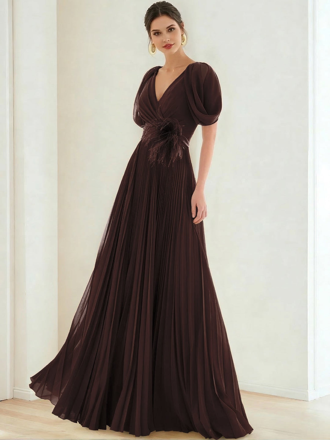 A-Line/Princess Chiffon Evening Dresses with Feather V-Neck Short Sleeves Formal Pleated Dress