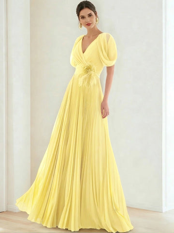 A-Line/Princess Chiffon Evening Dresses with Feather V-Neck Short Sleeves Formal Pleated Dress