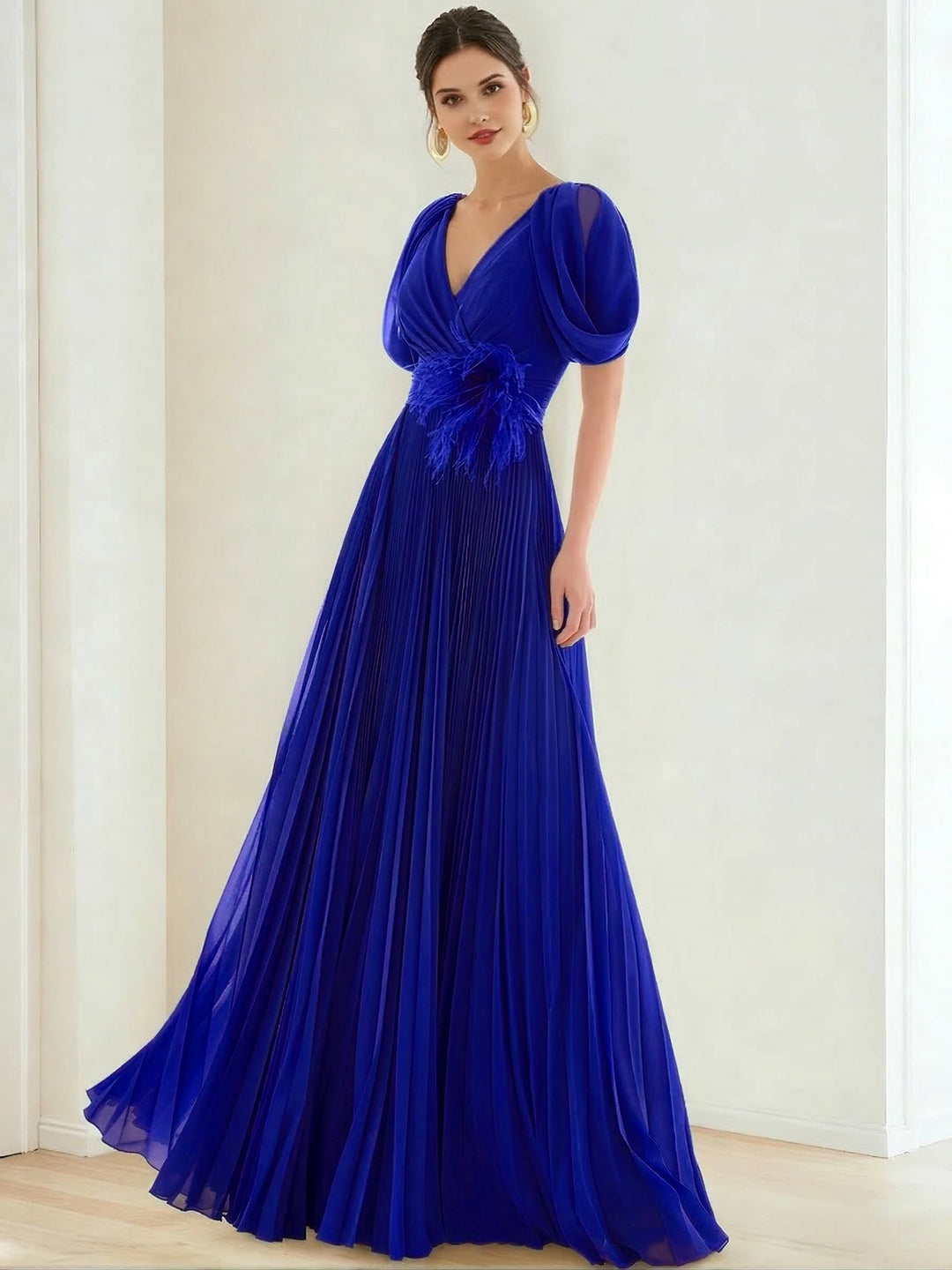 A-Line/Princess Chiffon Evening Dresses with Feather V-Neck Short Sleeves Formal Pleated Dress