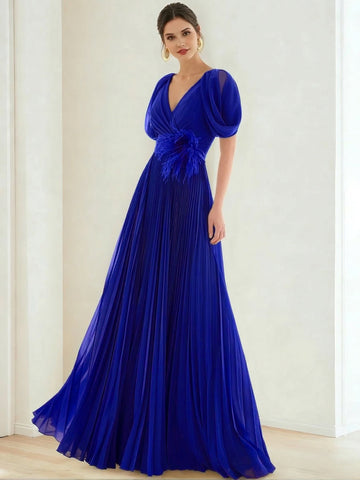 A-Line/Princess Chiffon Evening Dresses with Feather V-Neck Short Sleeves Formal Pleated Dress