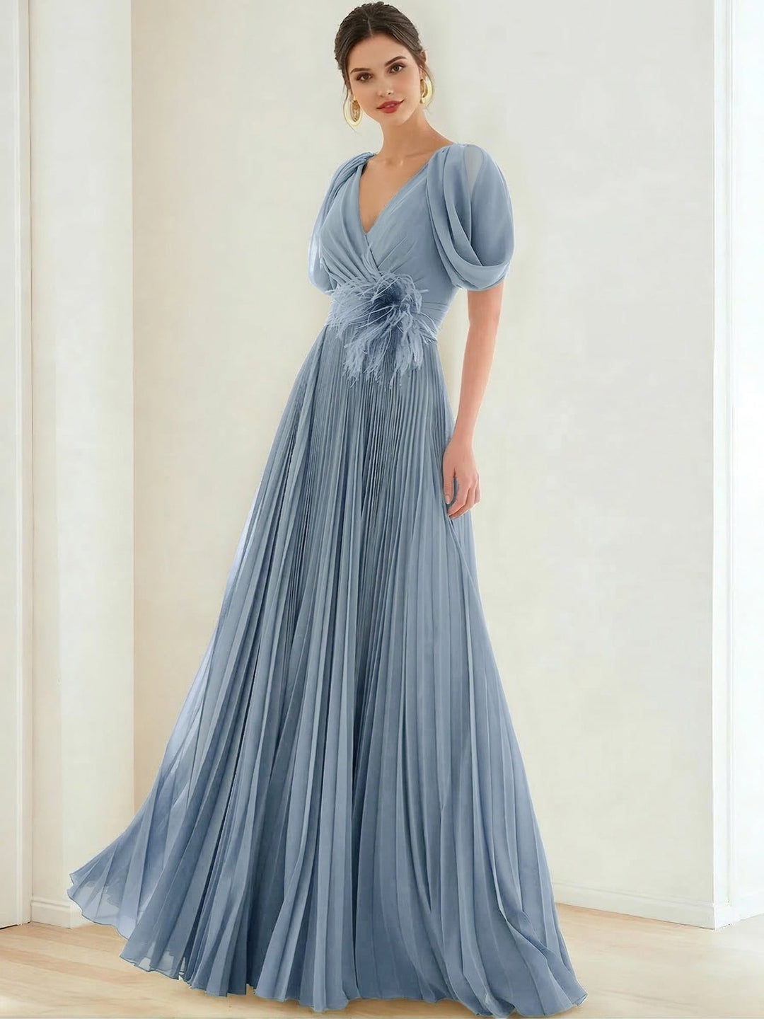 A-Line/Princess Chiffon Evening Dresses with Feather V-Neck Short Sleeves Formal Pleated Dress