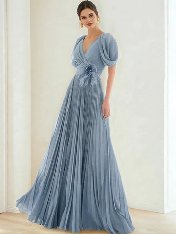 A-Line/Princess Chiffon Evening Dresses with Feather V-Neck Short Sleeves Formal Pleated Dress