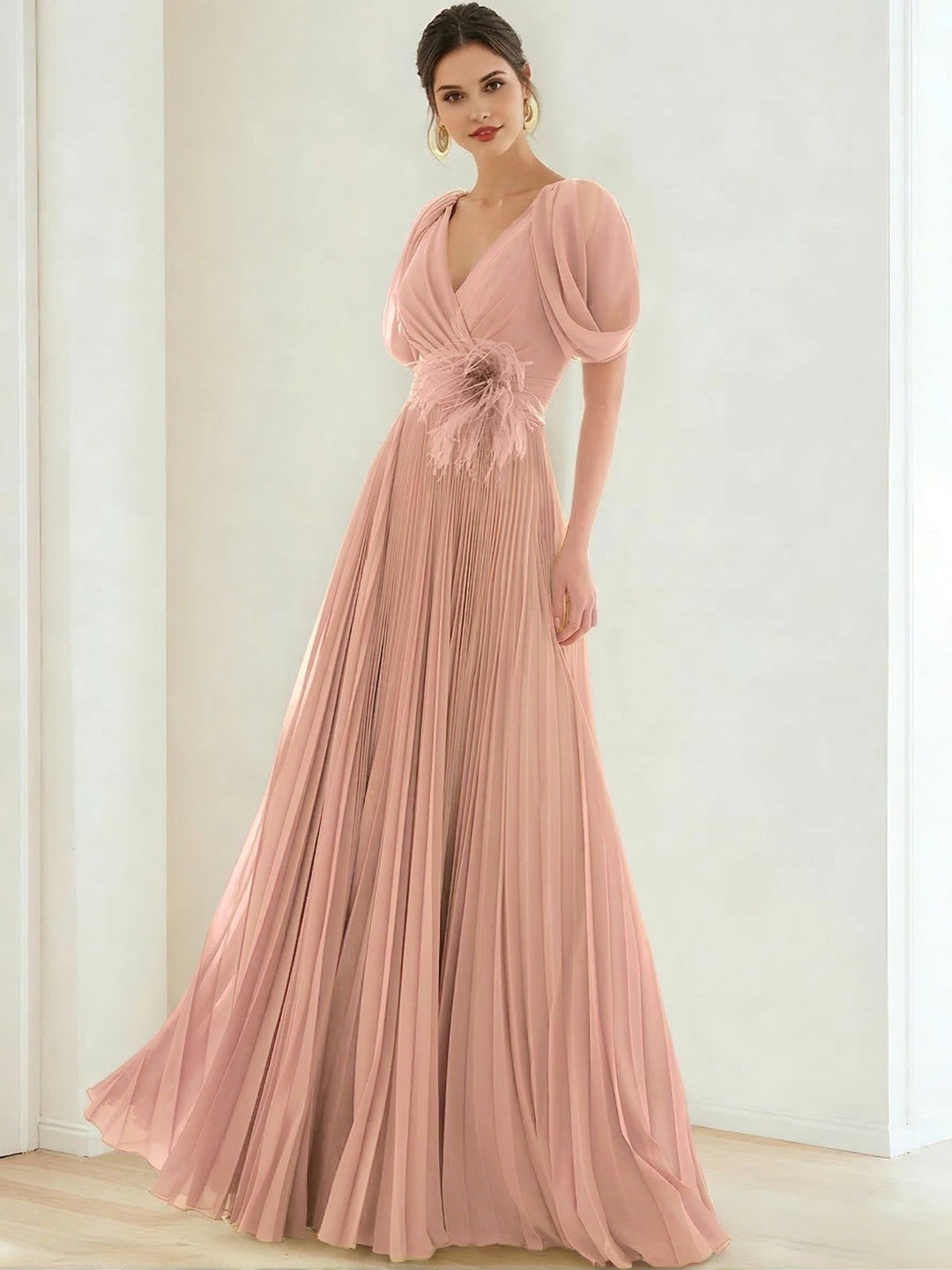A-Line/Princess Chiffon Evening Dresses with Feather V-Neck Short Sleeves Formal Pleated Dress