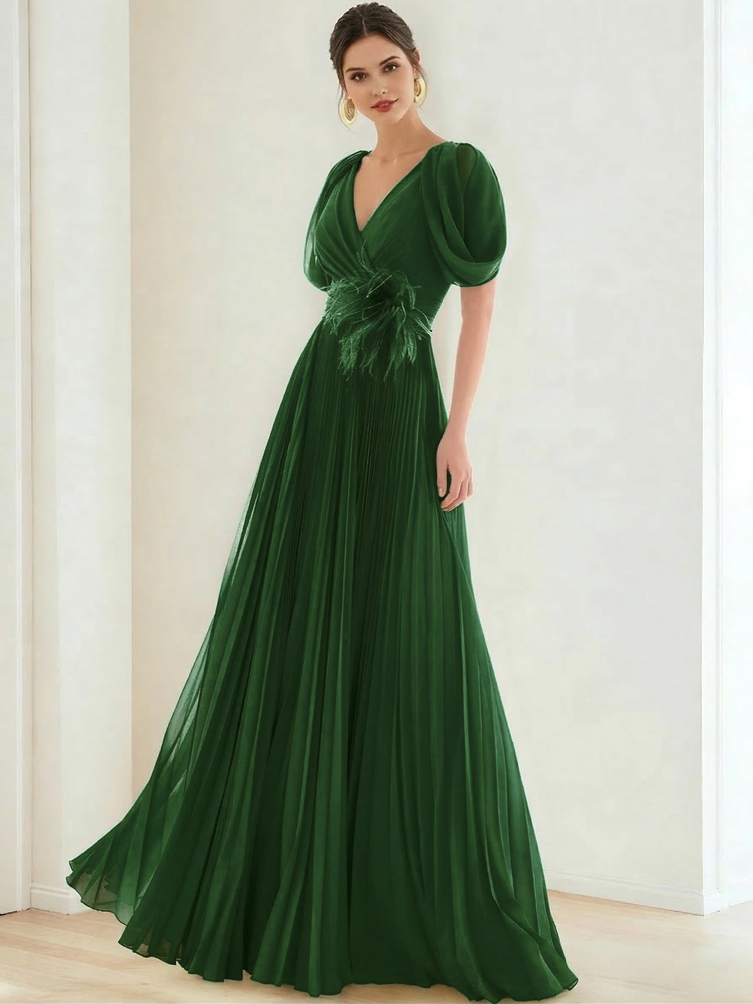 A-Line/Princess Chiffon Evening Dresses with Feather V-Neck Short Sleeves Formal Pleated Dress