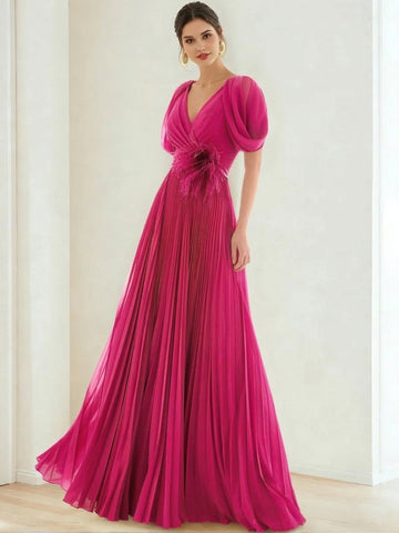 A-Line/Princess Chiffon Evening Dresses with Feather V-Neck Short Sleeves Formal Pleated Dress