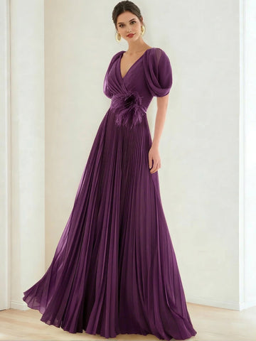 A-Line/Princess Chiffon Evening Dresses with Feather V-Neck Short Sleeves Formal Pleated Dress