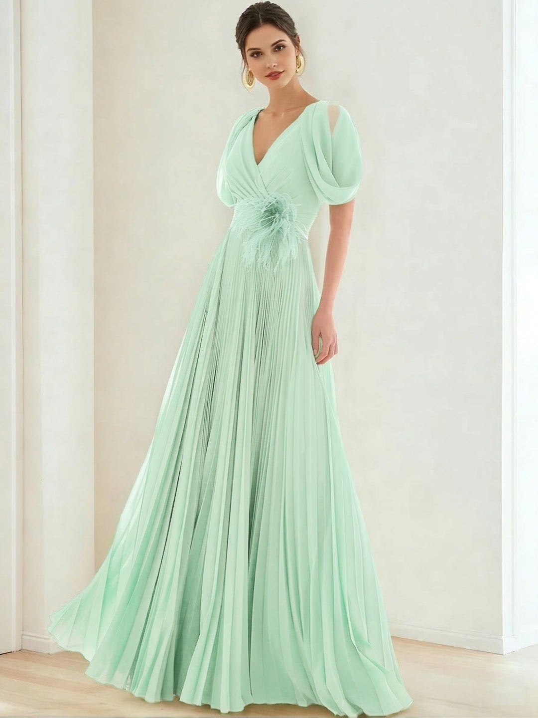 A-Line/Princess Chiffon Evening Dresses with Feather V-Neck Short Sleeves Formal Pleated Dress