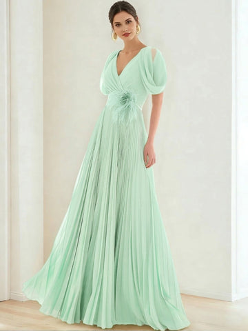 A-Line/Princess Chiffon Evening Dresses with Feather V-Neck Short Sleeves Formal Pleated Dress