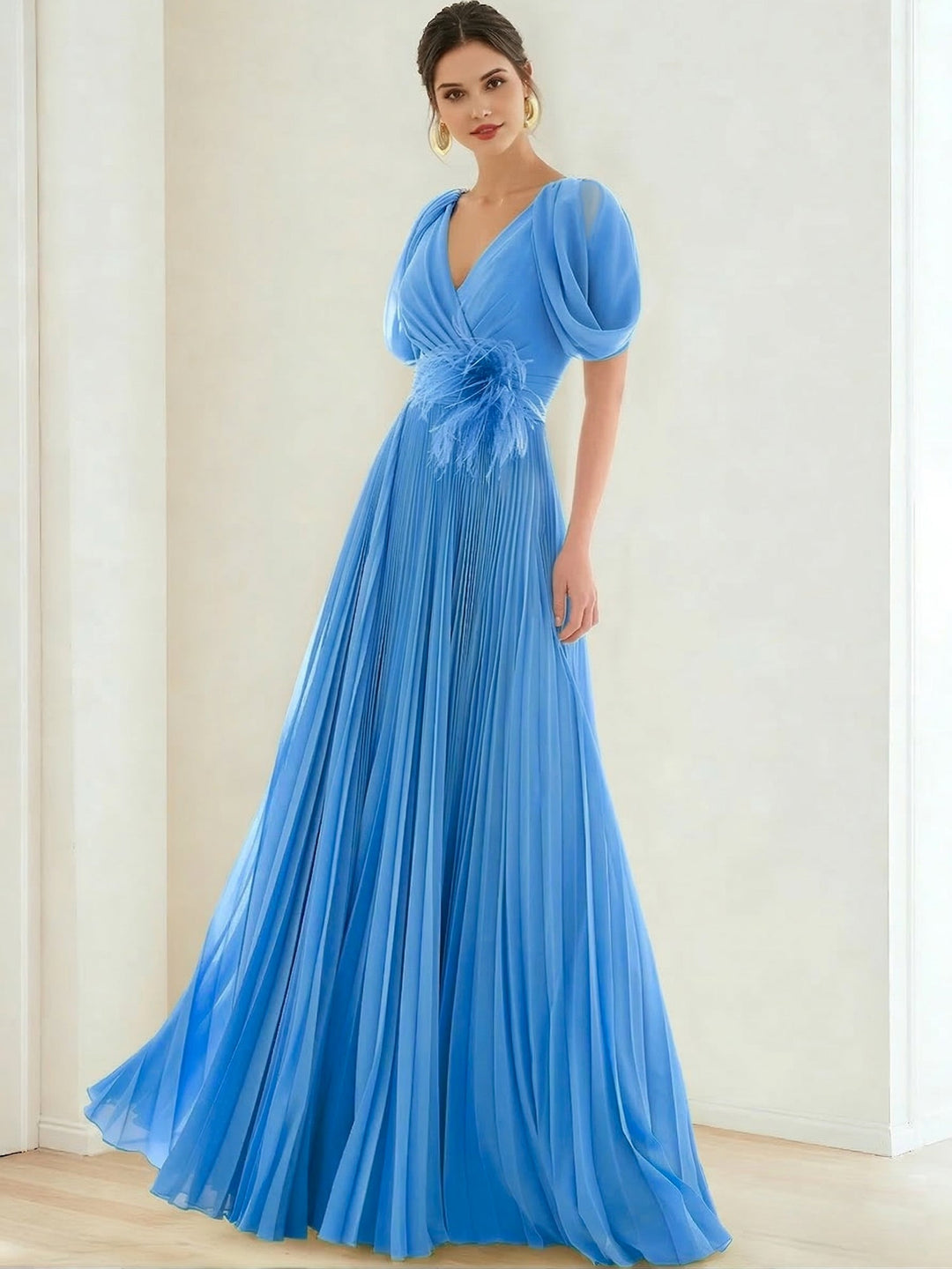 A-Line/Princess Chiffon Evening Dresses with Feather V-Neck Short Sleeves Formal Pleated Dress