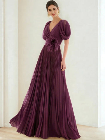 A-Line/Princess Chiffon Evening Dresses with Feather V-Neck Short Sleeves Formal Pleated Dress