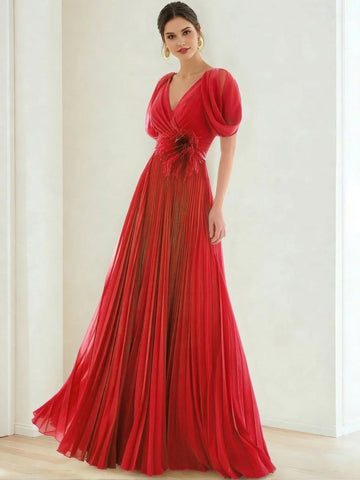A-Line/Princess Chiffon Evening Dresses with Feather V-Neck Short Sleeves Formal Pleated Dress
