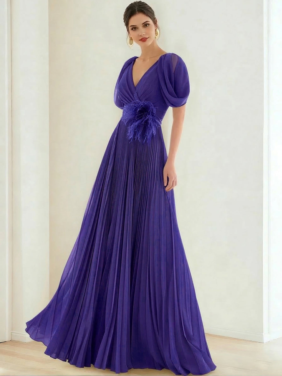 A-Line/Princess Chiffon Evening Dresses with Feather V-Neck Short Sleeves Formal Pleated Dress
