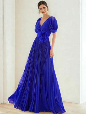 A-Line/Princess Chiffon Evening Dresses with Feather V-Neck Short Sleeves Formal Pleated Dress