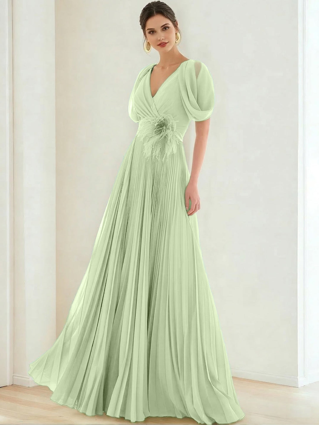 A-Line/Princess Chiffon Evening Dresses with Feather V-Neck Short Sleeves Formal Pleated Dress
