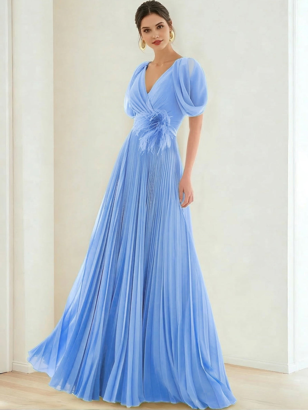 A-Line/Princess Chiffon Evening Dresses with Feather V-Neck Short Sleeves Formal Pleated Dress