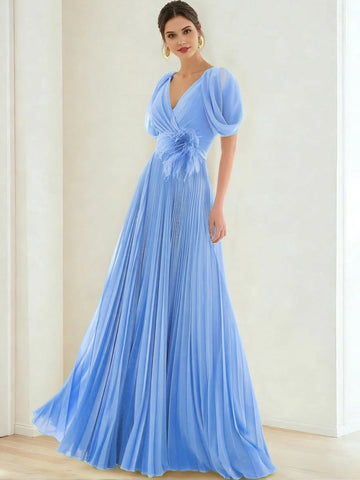 A-Line/Princess Chiffon Evening Dresses with Feather V-Neck Short Sleeves Formal Pleated Dress