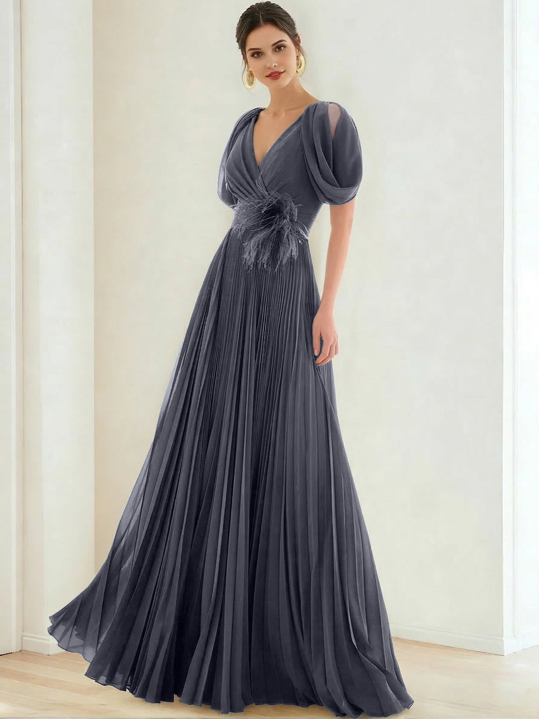 A-Line/Princess Chiffon Evening Dresses with Feather V-Neck Short Sleeves Formal Pleated Dress